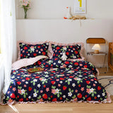 elvesmall Korean Ruffle Lace Bed Skirt Set Botanical Floral Strawberry Duvet Cover with 2 Pillowcase Soft Microfiber Bedding Set Full Size