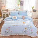 elvesmall  white pastoral style flowers Embroidered Ruffle Cotton Bedding Set Duvet Cover Bed Linen Fitted Sheet Pillowcases Home textiles