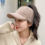 elvesmall Women Hats New Autumn Winter Warm Rabbit Knitted Hats Outdoor Sports Golf Ponytail Hat Baseball Caps Empty Top Caps 1PC