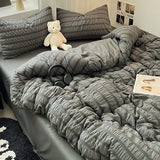 elvesmall Bedding Set, Checkered Bubble Wash Cotton Quilt Set, Four Pieces, Ins Korean High Quality Bedding Sheet Set, Dormitory 3 Pcs