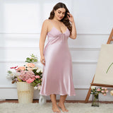 elvesmall  Large size Women Sleepwear Summer Homewear Solid Satin Seemless Midi Nightdress Plus Size Spaghetti Strap Nightgown 60-75kg