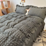 elvesmall Euro Solid Color Ruffle Bedding Sets Girl Couple Fluffy Queen Duvet Cover With Bed Skirt Pillowcase Bedroom Comfort 4 Pieces Set