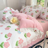 elvesmall French Golden Sunflower Floral Lace Seersucker Bedding Set Washed Cotton Four-piece Set Student Bed Sheet Three-piece Set
