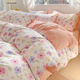 elvesmall Botanical Floral Duvet Cover Single/Queen, Washed Cotton Garden Flower Pattern Comforter Cover 3Pcs Reversible Pink Bedding Set