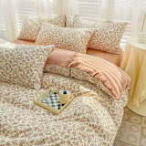 elvesmall Double-layer Cotton and Linen Bedding Set Four-piece Floral Washed Cotton Quilt Cover Net Celebrity Bed Sheet Student BeddingSet