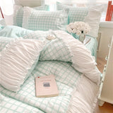 elvesmall Korean Style Princess Bedding Set Luxury Pink Lattice Duvet Cover Ruffles Lace Bedspread Bed Sheet Pillowcases