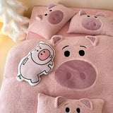elvesmall  Pink Cartoon Pig Towel Embroidery Bedding Set Warm Thick Winter Duvet Cover Linen Fitted Sheet Pillowcases Gifts For Children