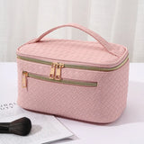 elvesmall PU Leather Cosmetics Bag Large Capacity Makeup Organizers Women Toiletries Organizer Waterproof Female Plaid Storage Makeup Case