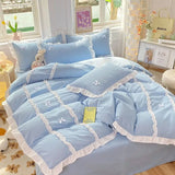 elvesmall  Kawaii Korean Bedding Sets No Filling Ins Princess Style Lace Bow Duvet Cover Fitted Sheet Girl Woman Home Bedroom Bed Linens