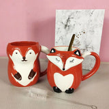 elvesmall  -  330ml Ceramic Fox Coffee with Lid Cartoon Animal Decoration Couple Drinking Cup Simple Breakfast Mug Afternoon Camellia Tea Cup