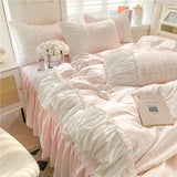 elvesmall Korean Style Princess Bedding Set Luxury Pink Lattice Duvet Cover Ruffles Lace Bedspread Bed Sheet Pillowcases