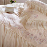 elvesmall  Pink Flowers Embroidery Bedding Sets Luxury Egyptian Cotton Chiffon Lace Duvet Cover Bed Sheet Pillowcases Princess Bedclothes