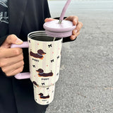 elvesmall 1200ml Kawaii Puppy Thermos Mug Tumbler For Ice Coffee Water Tea Large Cute Stainless Steel Car Thermal Cups With Straw Handle