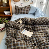 elvesmall Bedding Set Ins Ambiance Blue Coffee Grid Mixed With Washed Cotton Minimalist Four Piece Set Fitted Sheets Duvet Cover