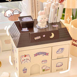 elvesmall Transparent Desktop Storage Box Creative Small House Pen Holder Student Kawaii Stationery Cosmetic Organizer Rack Drawer Cute