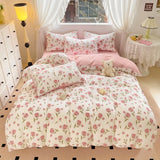elvesmall Botanical Floral Duvet Cover Single/Queen, Washed Cotton Garden Flower Pattern Comforter Cover 3Pcs Reversible Pink Bedding Set