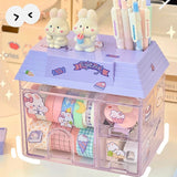 elvesmall Transparent Desktop Storage Box Creative Small House Pen Holder Student Kawaii Stationery Cosmetic Organizer Rack Drawer Cute