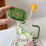 elvesmall  -  750ml Kawaii Animal Glass Cups With Lid  And Straw Cute Coffee Mugs Glasses For Drinks Tea Water Milk Juice Beer Cup Drinkware
