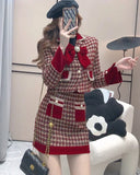 srczz  - Autumn Elegant Tweed Plaid Skirt Sets Women Sweet Chic Pearl Bow Woolen Jackets Mini Skirts Suit Korean Female Outfits