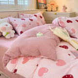 elvesmall Cute Korean Heart Duvet Cover Set with Flat Sheet Pillowcase Twin Queen Girls Women Home Decor Floral Bedding Linen No filler