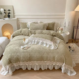 elvesmall French Vintage Double Layer Lace Ruffles Carved Velvet Duvet Cover Set Winter Bedding Set Plush Quilt Cover Bed Sheet Pillowcase