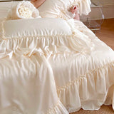 elvesmall  4pc Luxury French style double bed comforter set silky Spring Duvets Lyocell bedding set room decor Summer Quilt cooling blanket