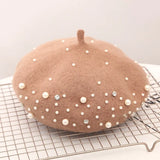 elvesmall Woolen pearl beret woman Autumn-winter Korean all-matching Japanese painter hat British retro pumpkin hat woman