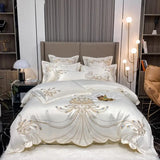 elvesmall  Golden Feather Embroidery Bedding Set Luxury Pearl White Satin Cotton Bedclothes Duvet Cover Bed Sheets Set Pillowscases