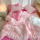 elvesmall Duvet Set Korean Princess Pink Seersucker Bedding Kawaii  Duvet Cover Solid Color Queen Size Double Sheets Sets For Girls