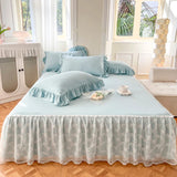 elvesmall Solid Color Bed Skirt & Pillowcase Washed Cotton Wrap Around Bedskirt with Embroidered Lace White Pleated Dust Ruffle Bed Sheet