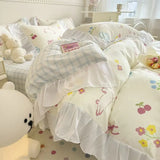 elvesmall French Princess Lace Ruffles Romantic Bedding Set Luxury Flowers Girls Duvet Cover Skirt Sheet and PillowcasesQueen King Size