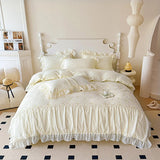elvesmall Korean Princess Bedding Set Hollow Lace Patchwork Solid Color Lace Ruffle Duver Cover Set Luxury Girls Wedding Home Textiles