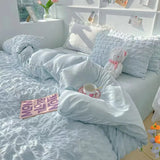 elvesmall Princess Bedding Set  French Style Wash Cotton Solid Color Seersucker Summer Soft  New Bed Sheet Set Comforter Set