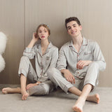 elvesmall  Ice Silk Couple Pajamas Men Women Summer Long Short Sleeve Cardigan Lapel Suit Thin SatinPlus Size Home Cloth Nightwear Male