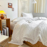 elvesmall  Soft Cotton Textured Duvet Cover Set with Tassel Fringe Boho Chic Bedding sets Twin Queen Comforter Cover Bed Sheet Pillowcases