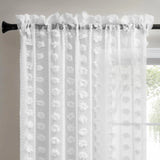 elvesmall  Vertical Striped White Hair Ball Sheer Curtain for Small Window Kitchen Voile Drape Flower Cutting Design