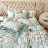 elvesmall French Embroidered Lace Bubble Gauze Bedding Set Pink Elegant Princess Style Queen Duvet Cover Set Ruffled Comforter Cover Sets