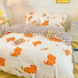 elvesmall  Cute Bear Bedding Set Girls Boys Kids Single Double Size Flat Sheet Duvet Cover Pillowcase Bed Linens White Blue Home Textile