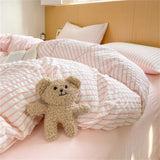 elvesmall Stripe Bedding Linen with Pillowcase Sheet Single Full Queen Size Bedspread Soft Seersucker Duvet Cover for 1.5m 1.8m 2.0m Bed