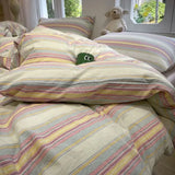elvesmall Ins Stripe Color Cotton Bedding Set Twin Full Queen Size Bed Linen Girls Adult Floral Bed Flat Sheet Pillowcase Cream Style
