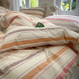 elvesmall Ins Stripe Color Cotton Bedding Set Twin Full Queen Size Bed Linen Girls Adult Floral Bed Flat Sheet Pillowcase Cream Style