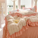 elvesmall Fashion Flower Bedding Set Bed Sheet Cute Princess AB Double Sided Ruffle Flower Quilt Cover Pillowcase Bedclothes Home Textiles