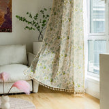 elvesmall Boho Leaf Print Window Curtains with Tassels, Cotton, Botanical Pattern, Semi-Blackout Curtain, Drape for Bedroom, Living Room