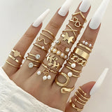 elvesmall Boho Geometric Knuckle Rings Set For Women Artificial Pearl Gold Silver Color Finger Ring Female Party Jewelry Accessories