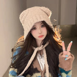 elvesmall Autumn Winter Cute Bear Ear Thermal Knitted Hat Women with Tape Ear Protection Beanie Hat Japanese Korean Versatile Skullies Hat