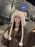 elvesmall A Winter Cute Bear Ear Warm Hat Women Plush  Beanie Hat Girls Windproof  Cap