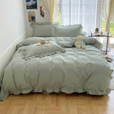 elvesmall Garment Washed Cotton Duvet Cover Set for Boys Girls Sage Matcha Green Bedding Sheets Ruffle Bed Skirt Queen Size Linens King