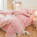 elvesmall Korean Luxury Lace Ruffles Bedding Set Skin-Friendly Washed Cotton Princess Style Duvet Cover Bed Sheet Pillowcase Home Textiles