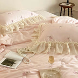 elvesmall Pink French Rose Embroidery Lace Ruffles Bedding Set, Ice Silky Quilts, Summer Cool Quilts, Bedroom Nap Air Conditioner