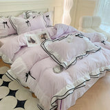 elvesmall  Korean Seersucker Bedding Set Princess Girls Lace Ruffled Bow Duvet Cover Double Bed Sheets Washed Cotton Twin Queen Quilt Cover
